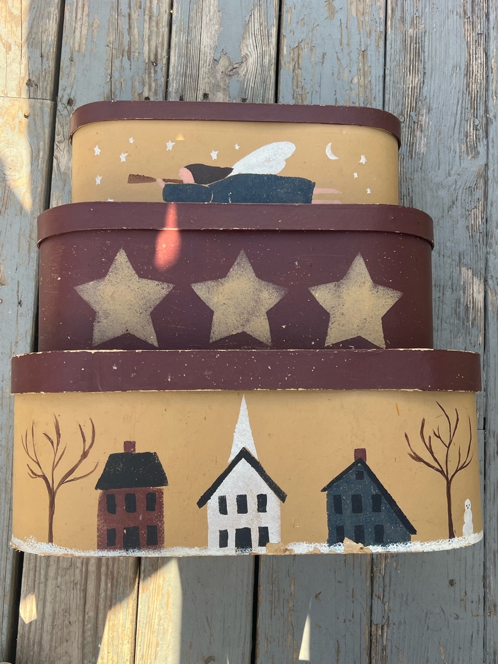 primitive stacking nesting oval boxes featuring farmhouse-style artwork